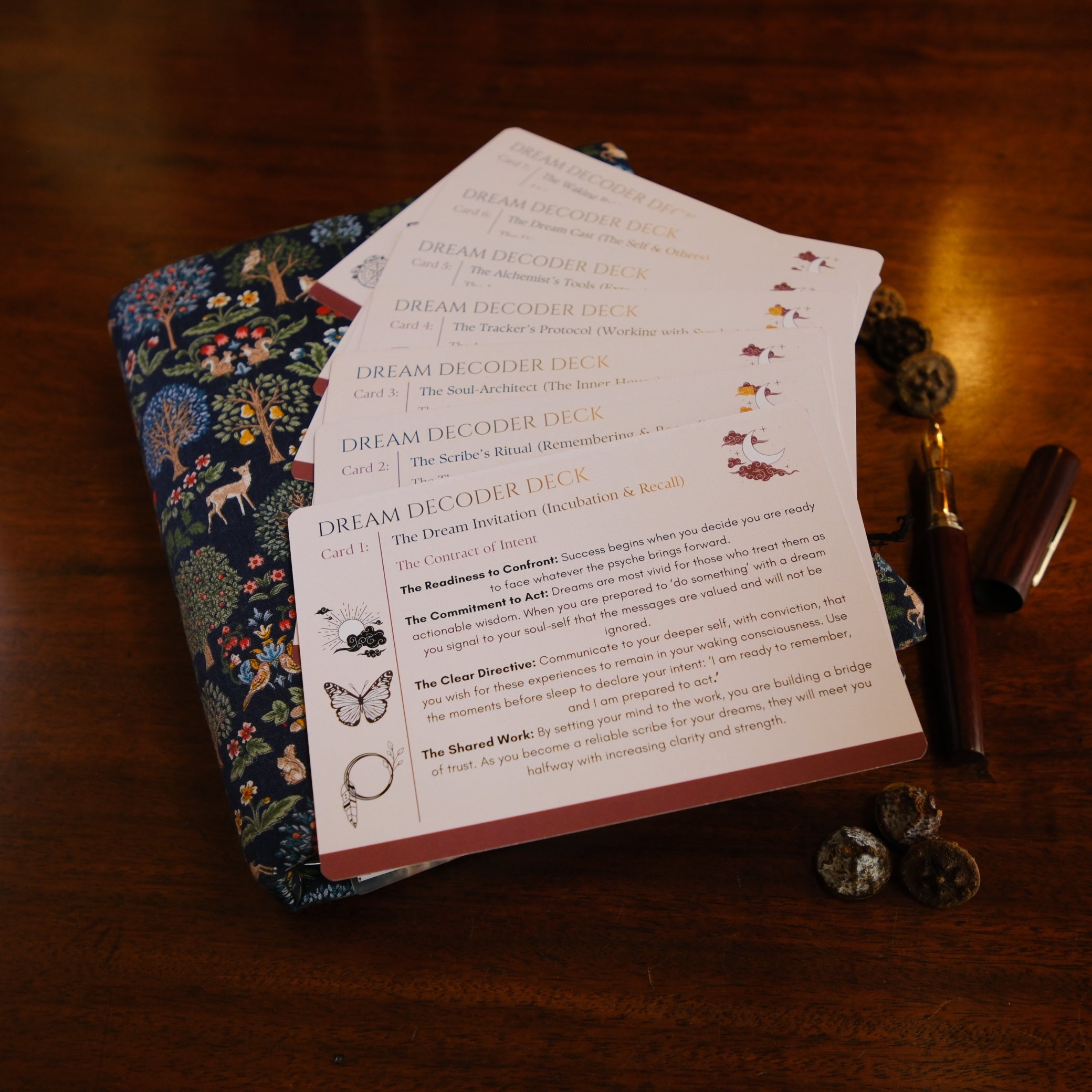 7 Card deck of dreamwork prompts on a table
