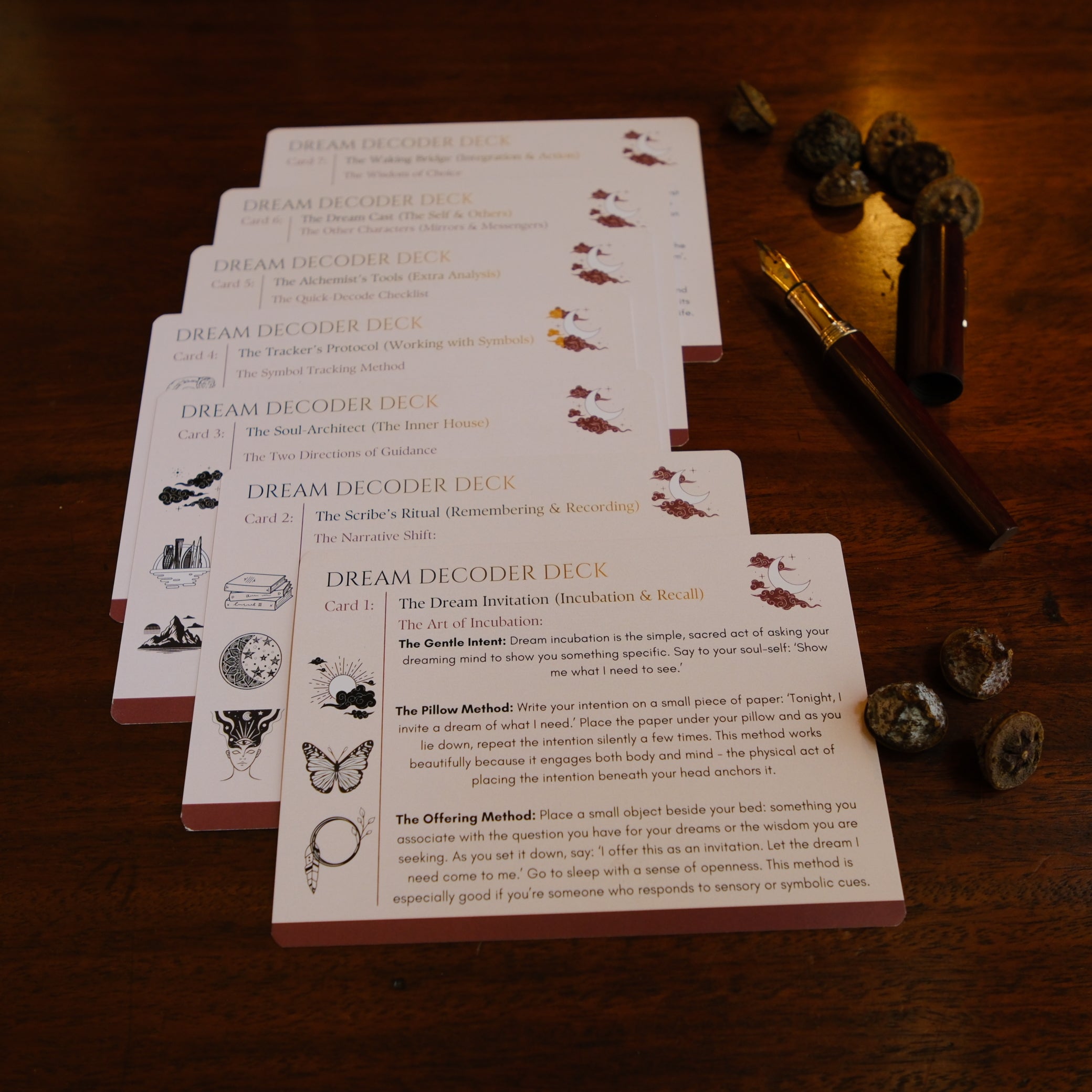 7 Card deck of dreamwork prompts on a table