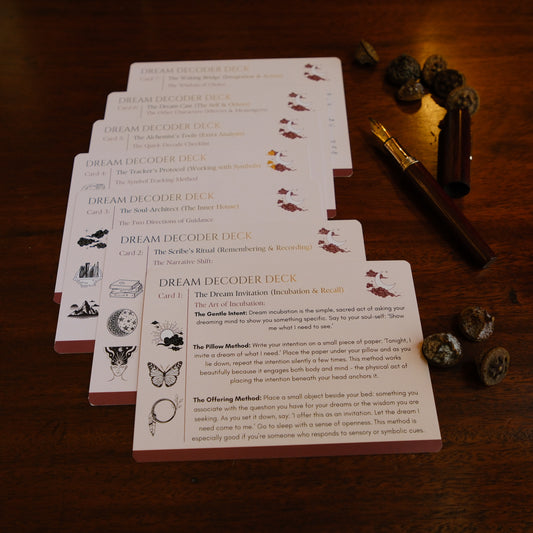 7 Card deck of dreamwork prompts on a table