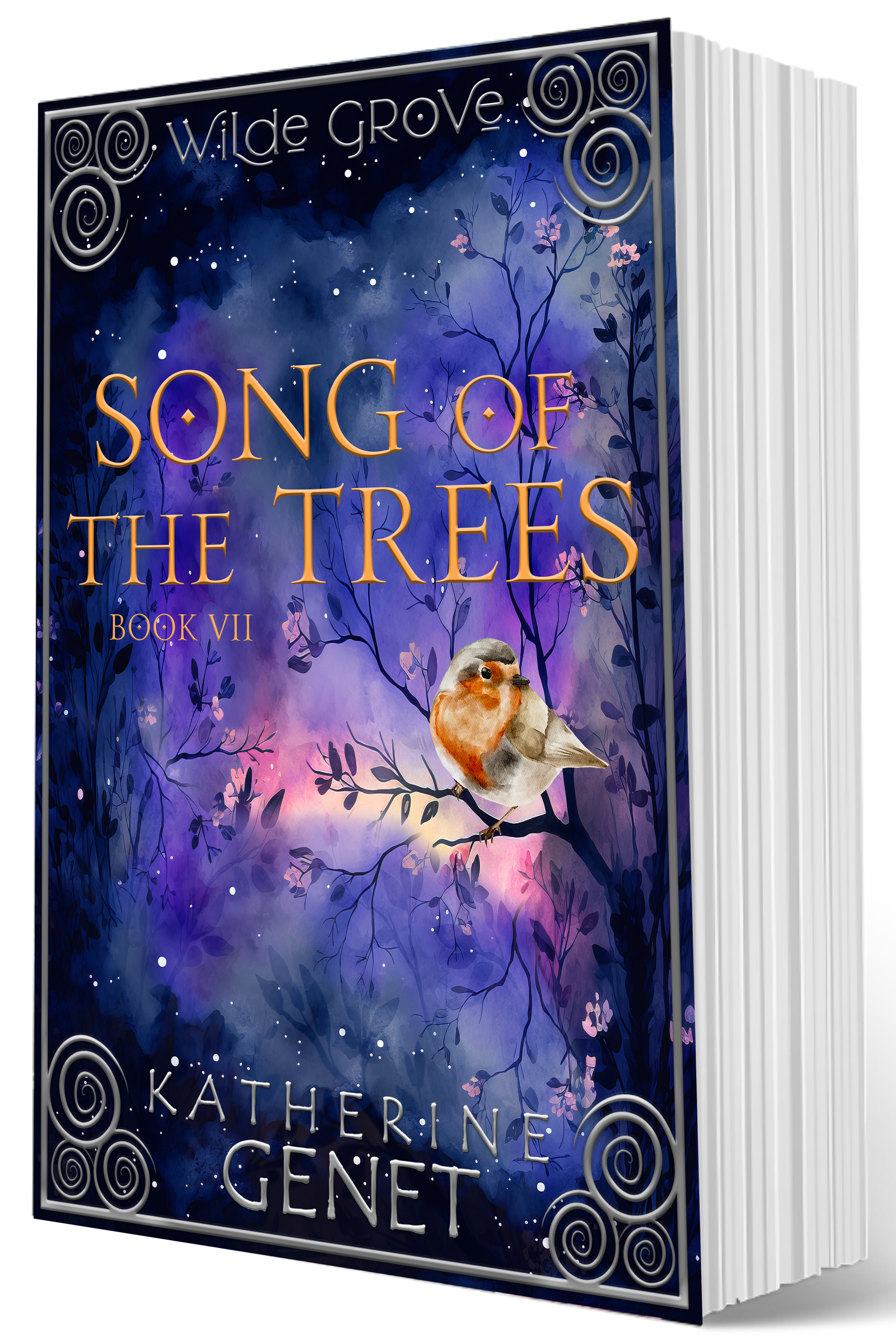 Book cover of 'Song of the Trees' by Katherine Genet with a purple and blue gradient background and a bird on a branch.