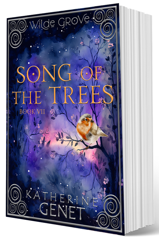 Book cover of 'Song of the Trees' by Katherine Genet with a purple and blue gradient background and a bird on a branch.